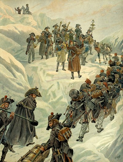 Italiensk kampanj (1799-1800): passage av Saint Bernard-passet in i Alperna av Napoleon I Bonapartes armé (1769-1821) den 20 maj 1800. Illustration av Jacques Marie Gaston Onfray de Breville dit JOB (1858-1931). Privat samling av pseudonym for Onfray de Breville Jacques Job