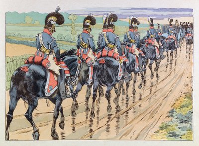 Jacques Marie Gaston Onfray de Breville kallad JOB (1858 - 1931); Illustration från boken "" Les epees de France"": Imperiale eskort som åtföljer Napoleon; Coll, Dela av pseudonym for Onfray de Breville Jacques Job