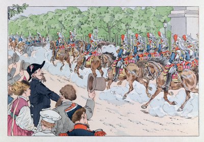 Jacques Marie Gaston Onfray de Breville dit JOB (1858 - 1931); Illustration från boken "Les epees de France": Eskort av kejsar Napoleon 3 på Champs Elysees; Coll, del av pseudonym for Onfray de Breville Jacques Job