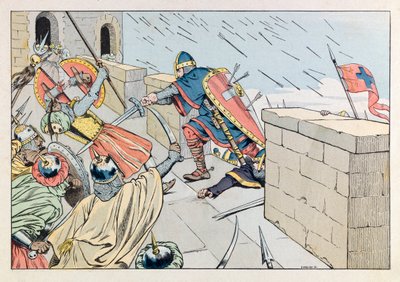 Jacques Marie Gaston Onfray de Breville kallad JOB (1858 - 1931); Illustration från boken "Les epees de France": Tagen av Jerusalem av Godefroy de Bouillon 1099; Coll, del. av pseudonym for Onfray de Breville Jacques Job