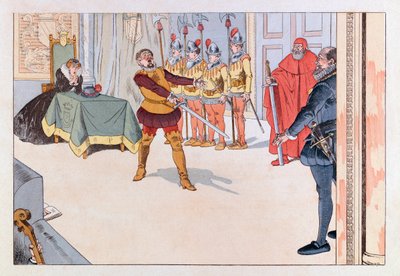 Jacques Marie Gaston Onfray de Breville kallad JOB (1858 - 1931); Illustration från boken "Les epees de France": Piece de theater au 1800-talet; Coll, Dela av pseudonym for Onfray de Breville Jacques Job