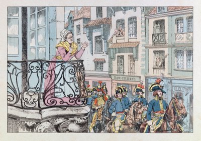 Jacques Marie Gaston Onfray de Breville dit JOB (1858 - 1931); Illustration från boken "Les epees de France": General Louis Lazare Hoche (1768-1797) smutskasta i spetsen för sina trupper; Coll, del av pseudonym for Onfray de Breville Jacques Job