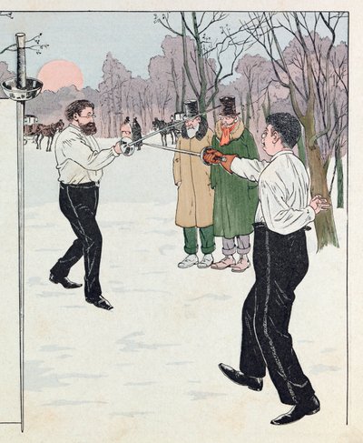 Jacques Marie Gaston Onfray de Breville kallad JOB (1858 - 1931); Illustration ur boken "Les epiees de France": En duell 1894; Coll, Dela av pseudonym for Onfray de Breville Jacques Job