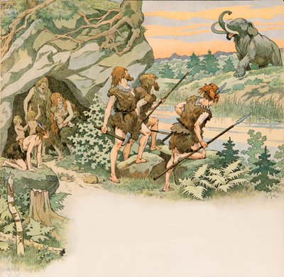 Jacques Marie Gaston Onfroy de Breville dit JOB (1858-1931) - Under förhistorien skyddar grottmännen sina familjer från en maffig attack, Privat samling av pseudonym for Onfray de Breville Jacques Job
