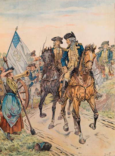 Jacques Marie Gaston Onfroy de Breville dit JOB (1858-1931) - George Washington passerade Molly Pitcher under slaget vid Monmouth den 28 juni 1778 under frihetskriget, privat samling av pseudonym for Onfray de Breville Jacques Job