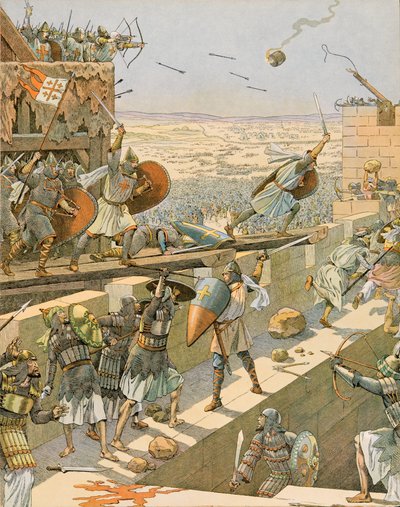 Jacques Marie Gaston Onfroy de Breville dit JOB (1858-1931) - Belgiens historia: Englebert och Lietaud de Tournai, Tournaisian croises, stormade den första i Jerusalem 1099, Privat samling av pseudonym for Onfray de Breville Jacques Job