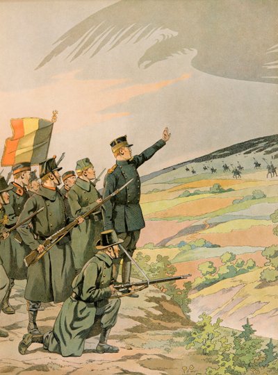 Jacques Marie Gaston Onfroy de Breville dit JOB (1858-1931) - Belgiens historia: Kung Albert (1875 - 1934) och den belgiska armén står inför den tyska invasionen under första världskriget, privat samling av pseudonym for Onfray de Breville Jacques Job