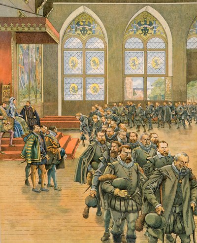 Jacques Marie Gaston Onfroy de Breville dit JOB (1858-1931) - Belgiens historia: The Gueux presenterar sina respektfulla remonstrationer för Marguerite de Parma (1522-1586), guvernant i Nederländerna under Filip II (1527-1598), 1566, Privat samling av pseudonym for Onfray de Breville Jacques Job