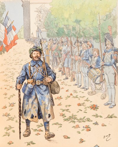 Jacques Marie Gaston Onfroy de Breville dit JOB (1858-1931) - Le triumphe du poilu (allegori om den franska militären som hyllar de håriga), Collection privee av pseudonym for Onfray de Breville Jacques Job