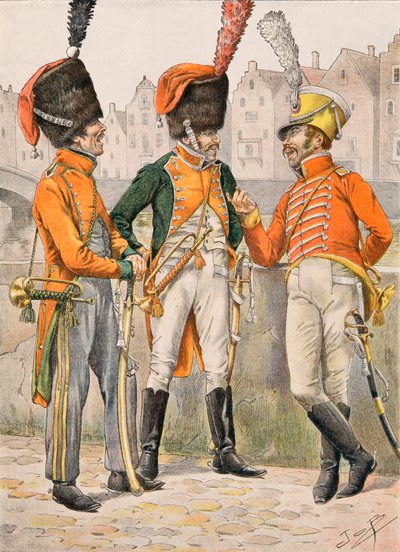 Jacques Marie Gaston Onfroy de Breville dit JOB (1858-1931) - Alltid de franska truppernas outfit: Trumpets of the 14, eme, 23, eme, 24, eme regements of jägare till häst före 1812, privat samling av pseudonym for Onfray de Breville Jacques Job