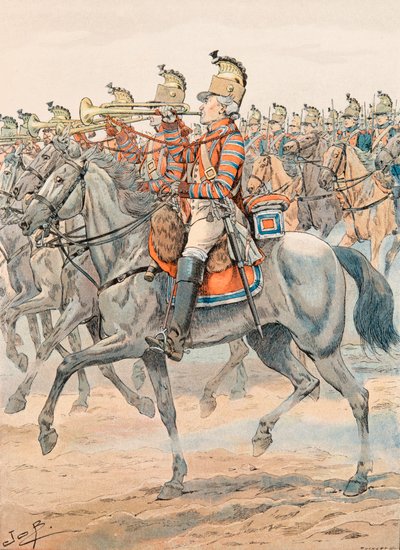 Jacques Marie Gaston Onfroy de Breville dit JOB (1858-1931) - Alltid de franska truppernas outfit: Trumpet of the Orleans Regiment - Dragons (1781), Privat samling av pseudonym for Onfray de Breville Jacques Job