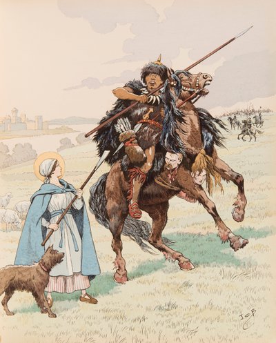 Jacques Marie Gaston Onfroy de Breville dit JOB (1858-1931) - Sainte genevieve under belägringen av Paris 451 avvisar invasionen av hunnerna med deras ledare Attila, Private Collection av pseudonym for Onfray de Breville Jacques Job