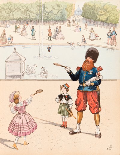 Jacques Marie Gaston Onfroy de Breville dit JOB (1858-1931) - Sapperen (fransk armésapör i en offentlig trädgård som leker med sina barn), privat samling av pseudonym for Onfray de Breville Jacques Job