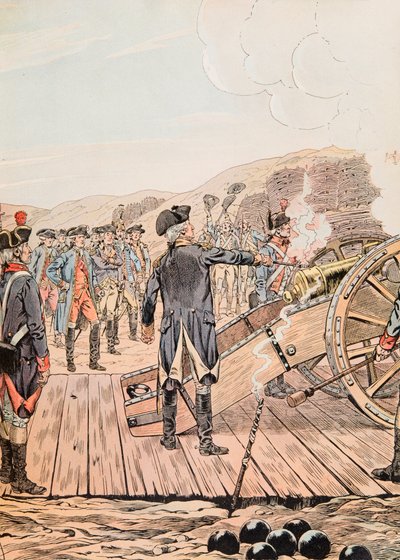 Jacques Marie Gaston Onfroy de Breville dit JOB (1858-1931) - Det första pistolskottet vid Yorktowns högkvarter i september 1781, privat samling av pseudonym for Onfray de Breville Jacques Job