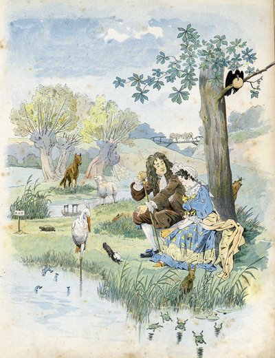 Jean de La Fontaine (Lafontaine) (1621-1695) pratar med en ung flicka. Runt dem finns djur som finns i poetens fabler: varg, lamm, stork, sköldpadda, råtta, groda, hare, räv, korp... i "" Frankrike, hans historia berättad av G. Montorgueil, imagee by Job"  av pseudonym for Onfray de Breville Jacques Job