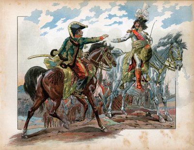 Joachim Murat (1767-1815) och general Antoine Charles Louis de La Salle (Lasalle) (1775-1809) under slaget vid Heilsberg 1807. Gravyr av Jacques Marie Gaston Onfray de Breville dit Job (1858-1931) av pseudonym for Onfray de Breville Jacques Job