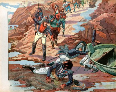Joachim Murat (1767-1815), dechu kung av Neapel, tillfångatagen i Pizzo i Kalabrien av den fientliga folkmassan 1815. Gravyr av Jacques Marie Gaston Onfray de Breville dit Job (1858-1931) av pseudonym for Onfray de Breville Jacques Job