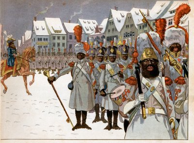 Joachim Murat (1767-1815) räddade befälet över armén efter att kejsaren lämnat Ryssland. I sitt högkvarter i Koenigsberg recenserar han ett företag med svarta människor. Gravyr av Jacques Marie Gaston Onfray de Breville dit Job (1858-1931) av pseudonym for Onfray de Breville Jacques Job