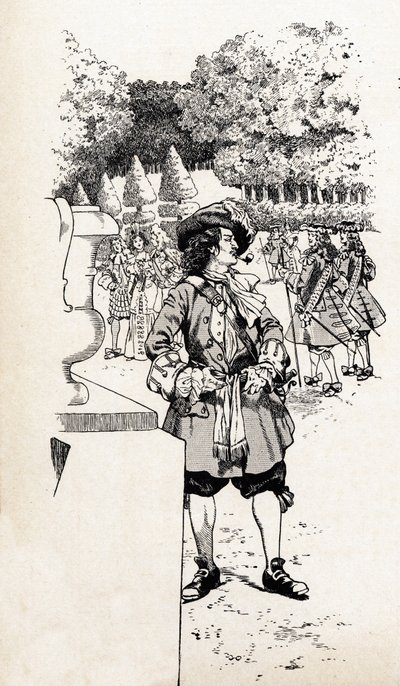Kung Ludvig XIV av Frankrike kallade kung Soleil (1638-1715) med sina hovmän i Versailles trädgårdar. Illustration av Job (Jacques Marie Gaston Onfray och Breville) (Jacques-Marie) (1858-1931) för boken "De stora historiska orden i landet Frankrike" av pseudonym for Onfray de Breville Jacques Job