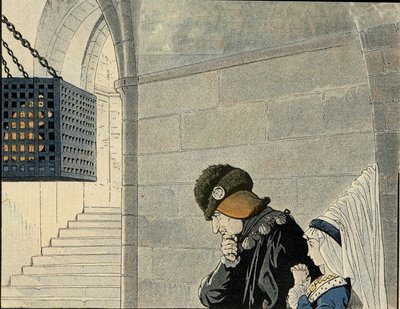 Kung Ludvig XI (1423-1483) besöker fången Jean Balue (1421-1491), inlåst 1469 i en järnbur för att ha planerat mot kungen. i "Frankrike, hans historia berättad av G. Montorgueil, avbildad av Job""" 1896. Privat samling. av pseudonym for Onfray de Breville Jacques Job