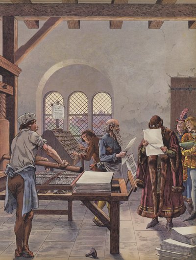 Kung Ludvig XI läser ett dokument tryckt på en press (lito i färg) av pseudonym for Onfray de Breville Jacques Job