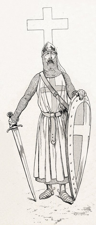 Riddare av Ludvig IX känd som Saint Louis (1214-1270) i ​​korstågsdräkt. Illustration av Job (Jacques Marie Gaston Onfray och Breville) (Jacques-Marie) (1858-1931) för boken "Les grands mots historique du pays de France"" 1915. Privésamling. av pseudonym for Onfray de Breville Jacques Job