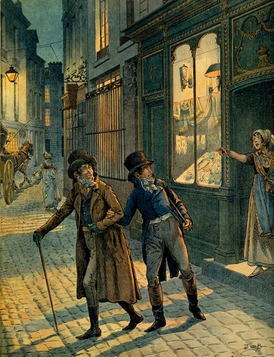 Louis Antoine Fauvelet de Bourrienne (1769-1834) och Napoleon I Bonaparte (1769-1821) på gatorna i Paris inkognito. Illustration av Jacques Marie Gaston Onfray de Breville dit JOB (1858-1931). Privat samling av pseudonym for Onfray de Breville Jacques Job
