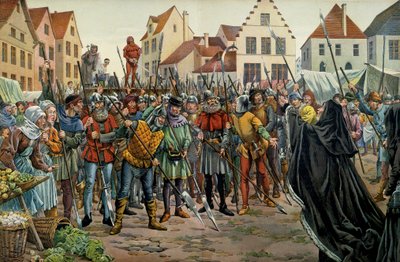 Maria av Bourgogne (1457-1482), hertiginna av Bourgogne gjorde anspråk på nåd för sina rådgivare 1477. Illustration av Jacques Marie Gaston Onfray de Breville dit JOB (1858-1931) i "" Louis XI""" av pseudonym for Onfray de Breville Jacques Job