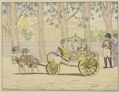 Världens Mästare, han är den lyckligaste av fäder. Napoleon ser kungen av Italien ta sina första steg i en vagn dragen av getter av pseudonym for Onfray de Breville Jacques Job