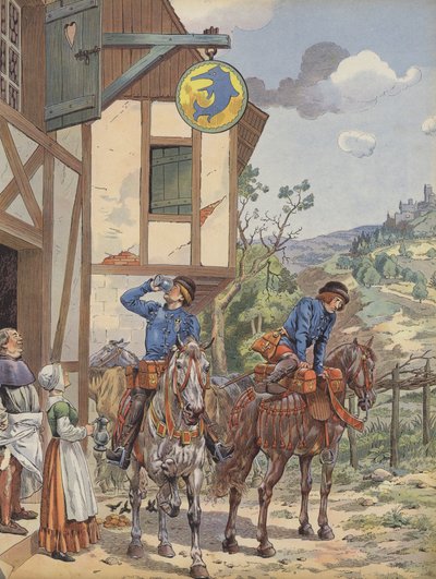 Budbärare som tar förfriskning på ett värdshus vid vägkanten (färg litho) av pseudonym for Onfray de Breville Jacques Job
