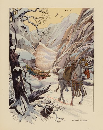 Mulan La Zarra kallar på hjälp för sin skadade husse (färglitografi) av pseudonym for Onfray de Breville Jacques Job