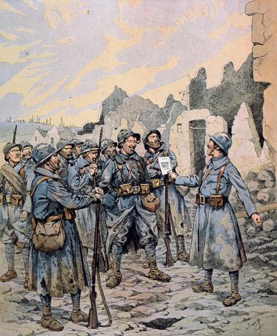 Myteri i den franska armén på västfronten, april-maj 1917 (färg litho) av pseudonym for Onfray de Breville Jacques Job