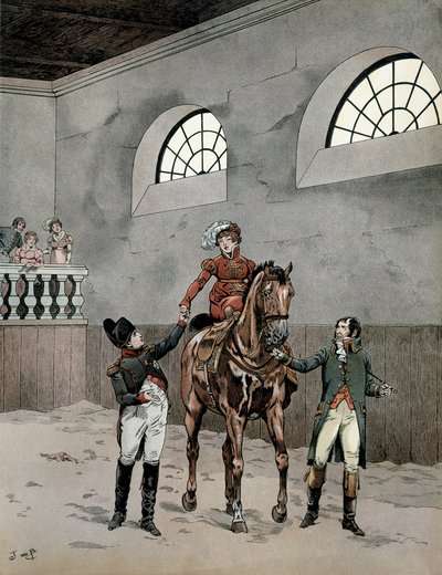 Napoleon I Bonaparte (1729-1821) deltog i ridlektioner för imponerande Marie Louise av Österrike (1791-1847). I "" Napoleon"" av Georges Montorgueil. Illustration av Jacques Marie Gaston Onfray de Breville dit JOB (1858-1931) av pseudonym for Onfray de Breville Jacques Job