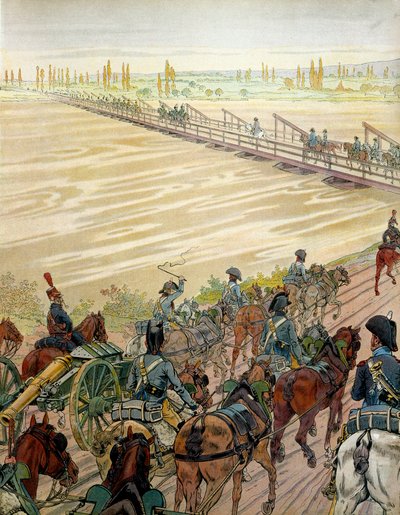 Napoleon I Bonaparte (1769-1821) och hans armé passerade Rhen den 1 oktober 1805. I "" Napoleon"" av Georges Montorgueil. Illustration av Jacques Marie Gaston Onfray de Breville dit JOB (1858-1931) av pseudonym for Onfray de Breville Jacques Job