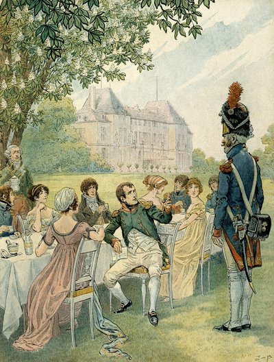 Napoleon I Bonaparte (1769-1821) under en lunch i trädgårdarna på slottet Malmaison. Illustration av Jacques Marie Gaston Onfray de Breville dit JOB (1858-1931). Privat samling av pseudonym for Onfray de Breville Jacques Job