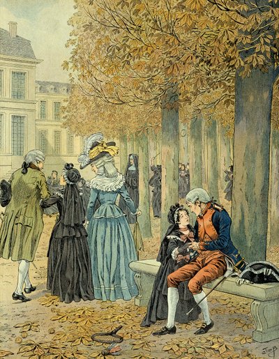 Napoleon I Bonaparte (1769-1821) besökte sin syster Elisa Bonaparte (1777-1820) i kungahuset Saint Cyr (Saint-Cyr). Illustration av Jacques Marie Gaston Onfray de Breville dit JOB (1858-1931) av pseudonym for Onfray de Breville Jacques Job