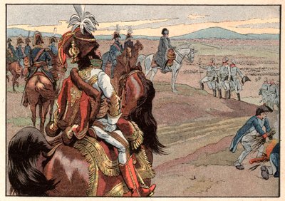 Napoleon I Bonaparte (1769-1821) med Joachim Murat (1767-1815) under kapitulationen av Ulm 1805. Gravyr av Jacques Marie Gaston Onfray de Breville dit Job (1858-1931) av pseudonym for Onfray de Breville Jacques Job