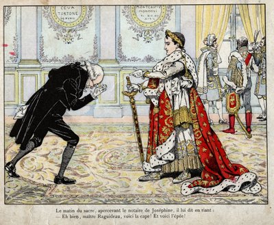 Napoleon och notarie Raguideau, kröningsmorgonen 1804 - litografi av Job (Jacques Onfroy de Breville) från "" Le Grand Napoleon des Petites Enfants""" 1893 av pseudonym for Onfray de Breville Jacques Job