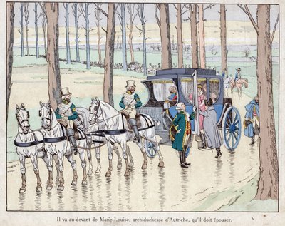 Napoleon möter ärkehertiginnan Marie-Louise av Österrike - 1810 - litografi av Job (Jacques Onfroy de Breville) från "" Le Grand Napoleon des Petites Enfants""" 1893 av pseudonym for Onfray de Breville Jacques Job