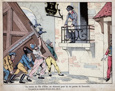 Napoleon samlar sina soldater till Grenoble när han återvände från Elba - Staden Grenoble öppnar sina portar för Napoleon när han återvände från exil på Elba, 7 mars 1815 - litografi av Job (Jacques Onfroy de Breville) från "" Le Grand Napoleon des Petit av pseudonym for Onfray de Breville Jacques Job