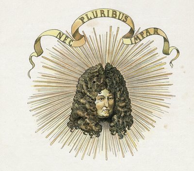 Porträtt av kung Ludvig XIV (1638-1715) med hans motto på latin "Nec pluribus impar"" (A ingen annan liknande). i "" Frankrike, hans historia berättad av G. Montorgueil, imagee av Job"" 1896. Privat samling. av pseudonym for Onfray de Breville Jacques Job