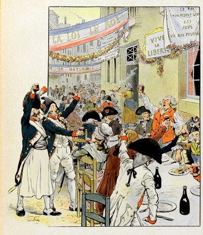 Revolutionär bankett efter intagandet av Bastiljen - Illustration av Job (Jacques Marie Gaston Onfray och Breville) (Jacques-Marie) (1858-1931) för boken "La Tour d