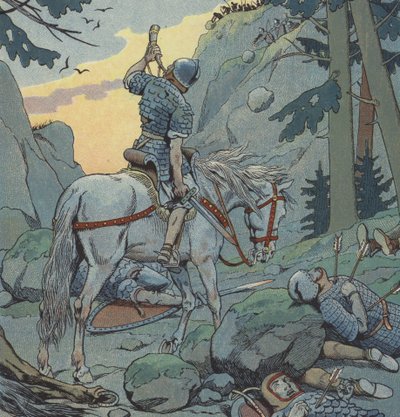 Roland på Ronceveaux (färg litho) av pseudonym for Onfray de Breville Jacques Job