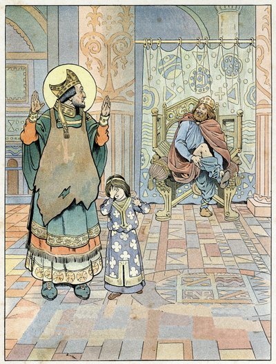 Saint Eloi (v.588-659) påpekar för kungen av Frankrike Dagobert I (602 eller 605-638 eller 639) att hans byxor sattes upp och ner (kalsongerna upp och ner). i "Frankrike, hans historia berättad av G. Montorgueil, bild av Job"" 1896. Privat samling. av pseudonym for Onfray de Breville Jacques Job