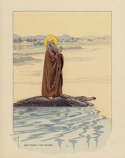 Sankt Pachomius och krokodilerna (färglitografi) av pseudonym for Onfray de Breville Jacques Job