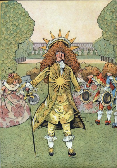 Scen av Frankrikes historia i leksaker: Porträtt av kungen av Frankrike Ludvig XIV (1638-1715) sa Solkungen i Versailles trädgårdar med sitt hov som drog vördnad. I "" Joujoux a l