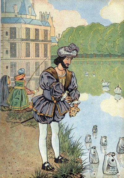 Scen av Frankrikes historia i leksaker: Frankrikes kung Francois I (1494-1547) ger bröd till fiskarna i Fontainebleaus park. I “” Joujoux a l