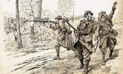 Skjut dem! Franska soldater från kriget 1914-1918 sändes på patrull för att känna igen fiendens styrka och exakta placering. Efter att ha hittat de tyska trupperna gav de order om att skjuta utan att behöva oroa sig för att hamna mellan elden. Illustration av pseudonym for Onfray de Breville Jacques Job