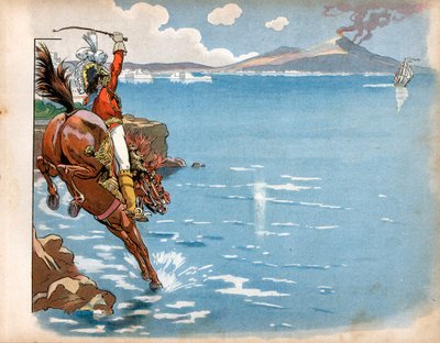 Engelsmännen red på kusterna i hans delstat, och medan han red till häst på stranden såg Joachim Murat (1767-1815), kung av Neapel, en engelsk fregatt, knuffade ner sin häst i vattnet och stormade. Gravyr av Jacques Marie Gaston Onfray de Breville av pseudonym for Onfray de Breville Jacques Job