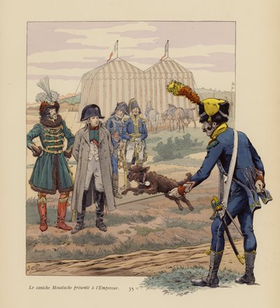 Hunden Moustache presenterad för Napoleon (färglitografi) av pseudonym for Onfray de Breville Jacques Job